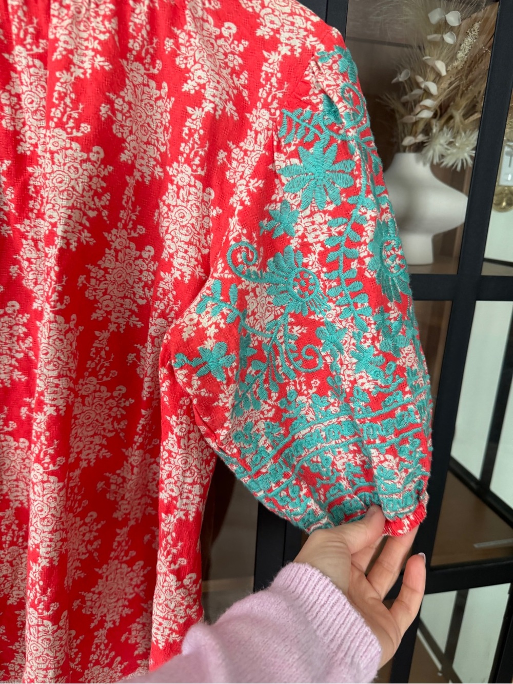 Embroidered puff sleeve blouse top floral oaxacan boho colorful ruffle mock neck - Picture 5 of 7